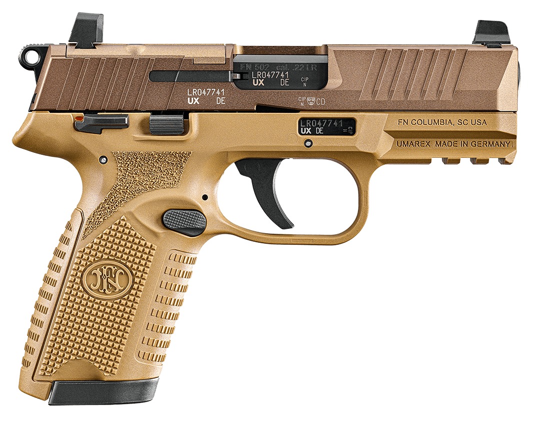 FN 66102318 502 MRD 22 LR 10+1 4" Black Target Crown Barrel, Flat Dark Earth Optic Ready/Serrated Slide, Flat Dark Earth Polymer Frame w/Picatinny Rail, Textured Grip, Ambidextrous