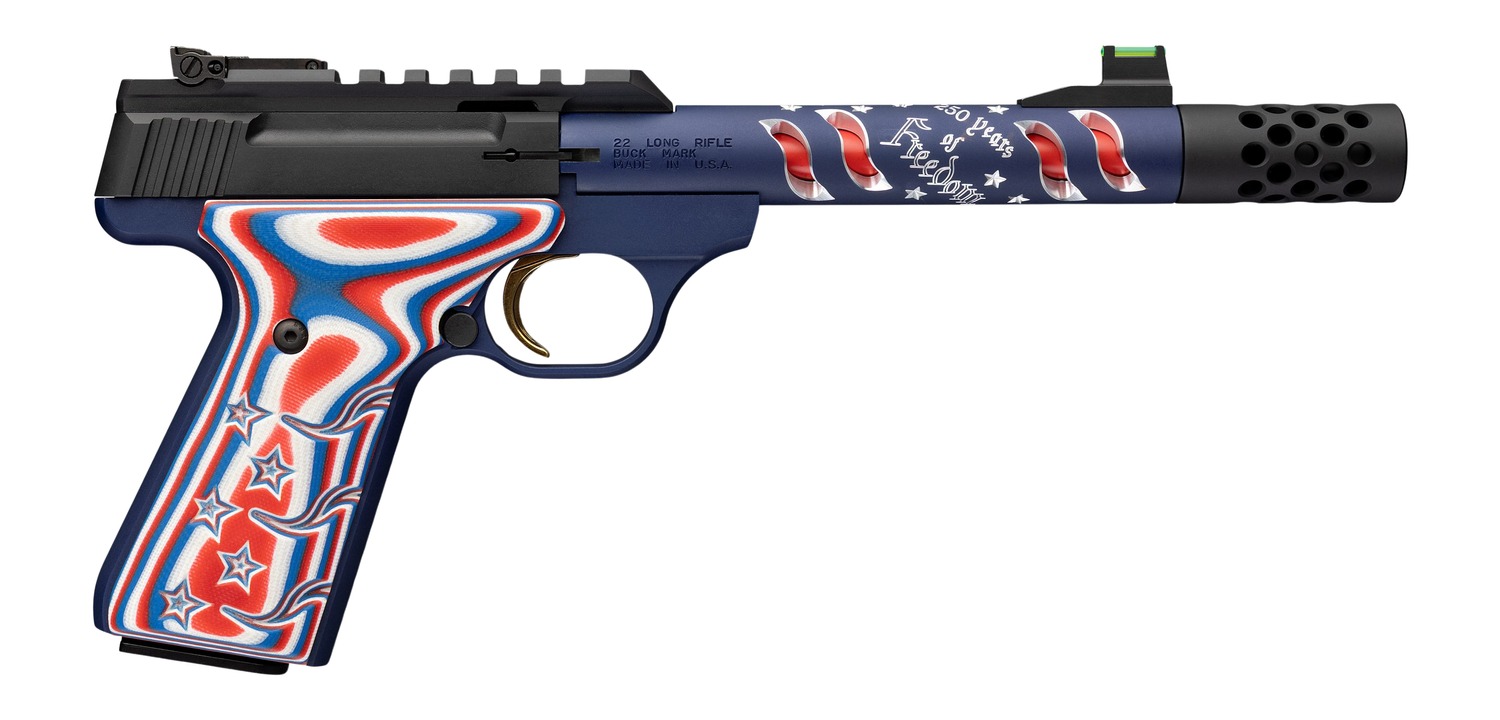 Browning 051615490 Buck Mark Freedom 250 SR 22 LR 10+1 5.90" Waving Flag Threaded Barrel, Blue Anodized Serrated w/Picatinny Rail  Aluminum Receiver, Red/White/Blue G10 Grip