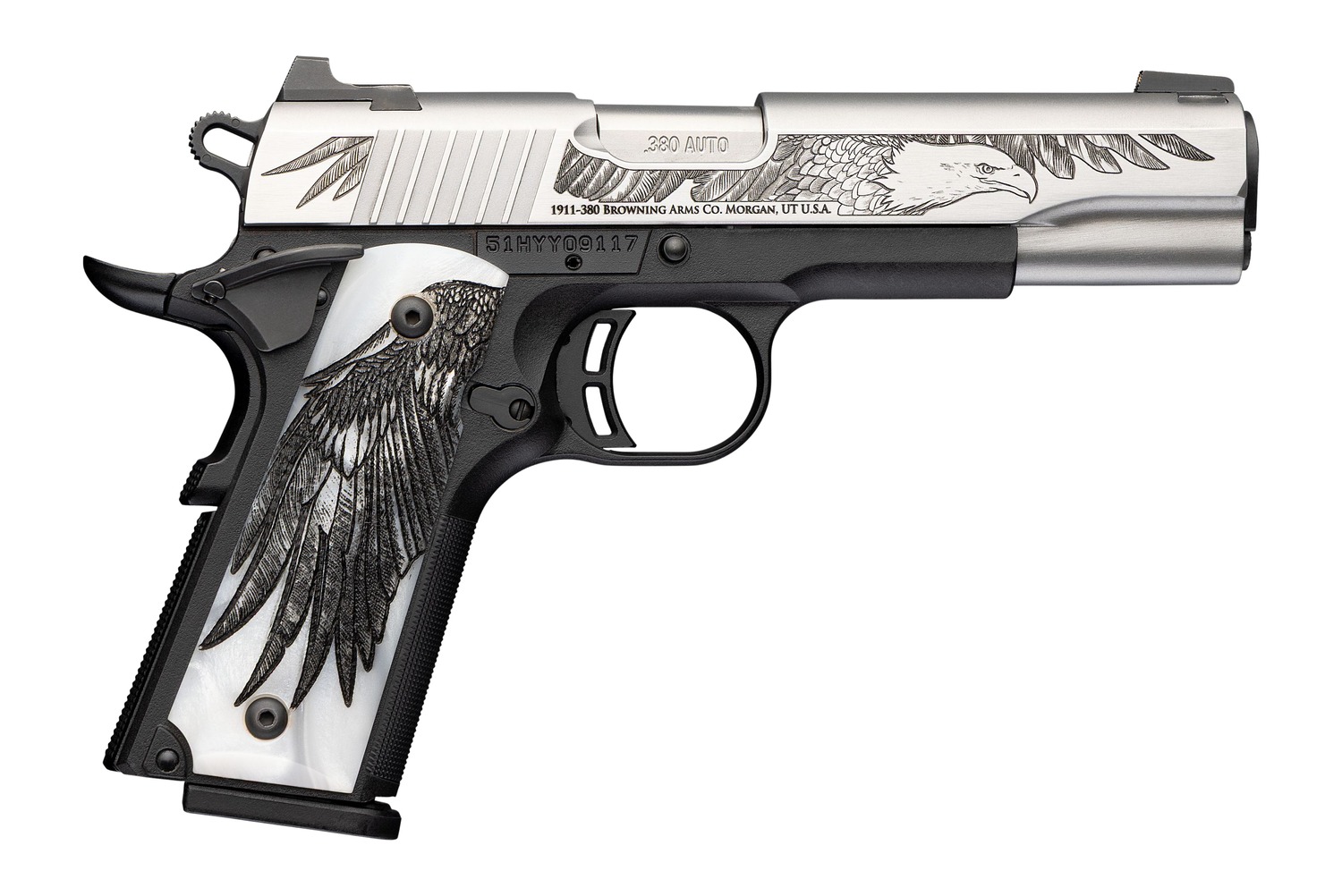 Browning 051126492 1911 Black Label Medallion 250 Commemorative Edition Full Size 380 ACP 8+1 4.25" Matte Stainless Steel Barrel & Serrated Slide w/Engraving, Matte Black Polymer Frame, White Imitatio