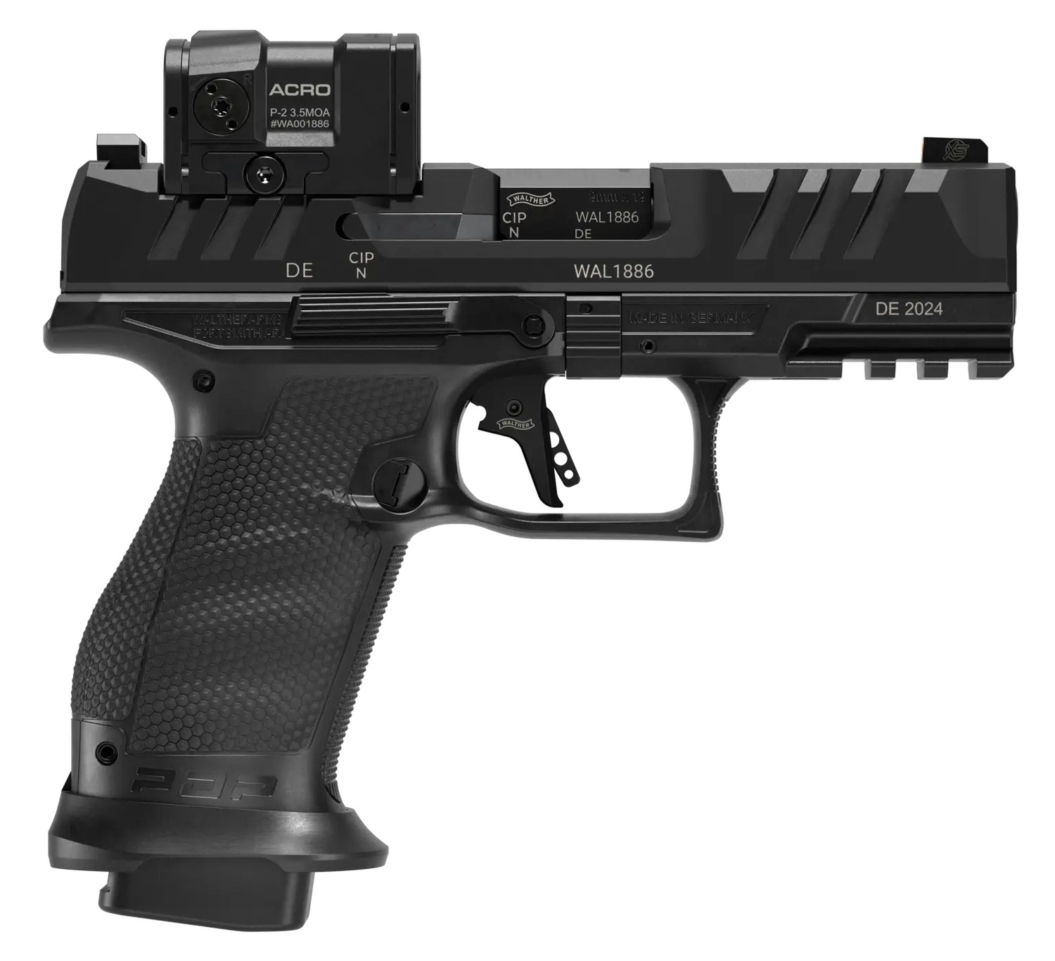 Walther Arms 4797068 PDP Pro ACRO Compact 9mm Luger 10+1 4" Black Polygonal Rifled Barrel, Serrated w/Optic Slide, Black Polymer Frame w/Picatinny Rail, Textured Polymer Grip, Aimpoint Acro P-2 Red Do