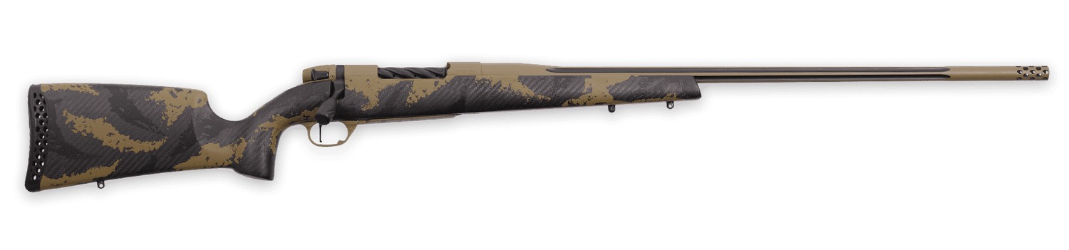 Weatherby MAX01N7MMPL8B Mark V Apex 7mm PRC 3+1 26" Graphite Black & Tan Cerakote Fluted Threaded Barrel, Tan Cerakote Steel Drilled & Tapped Receiver, Carbon Fiber w/Brown & Tan Sponge Accents Fixed