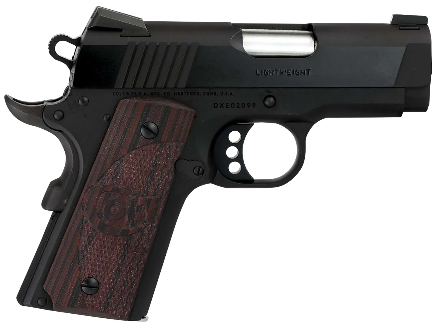 Colt Mfg O7800XE Defender  Compact 45 ACP 7+1 3 Black Steel Barrel, Blued Serrated Slide, Matte Black Cerakote Aluminum Frame w/Beavertail, Black Cherry Tactical G10 Grips, Ambidextrous