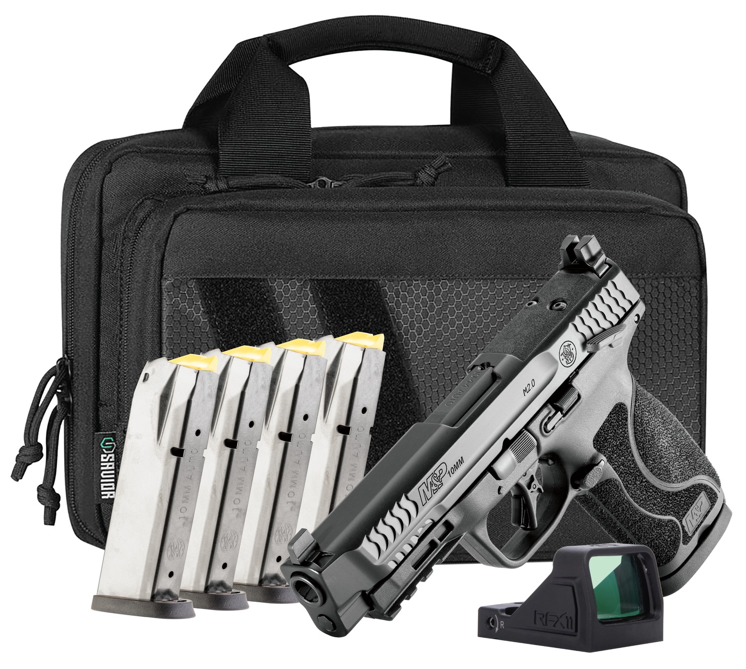 M&P 10mm M2.0 OR Bundle Handgun 10mm Auto 15rd Magazines(4) 4.6 Barrel Thumb Safety Savior Bag RFX11 Green Dot