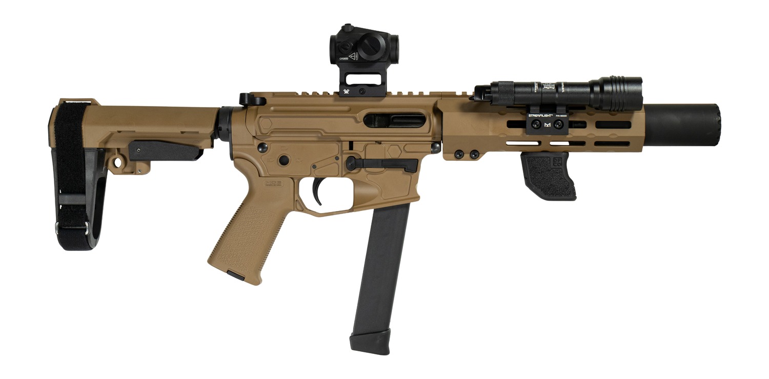 Shark Coast Tactical SCC06728SPFDE9-D Sneeky Pete Deluxe w/Optic 9mm Luger 30+1 5.50" Black Melonite Threaded Barrel, Flat Dark Earth Cerakote Receiver, SB Tactical SBA3 Brace, Vortex Crossfire Red Do