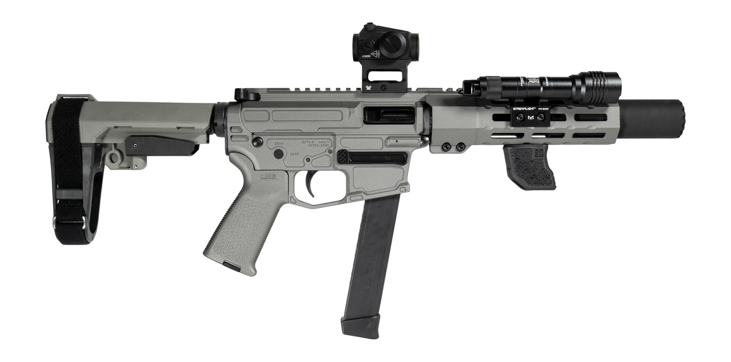 Shark Coast Tactical SCC06742SPGY9-D Sneeky Pete Deluxe w/Optic 9mm Luger 30+1 5.50" Black Melonite Threaded Barrel, Gray Cerakote Receiver, SB Tactical SBA3 Brace, Vortex Crossfire Red Dot, Streamlig