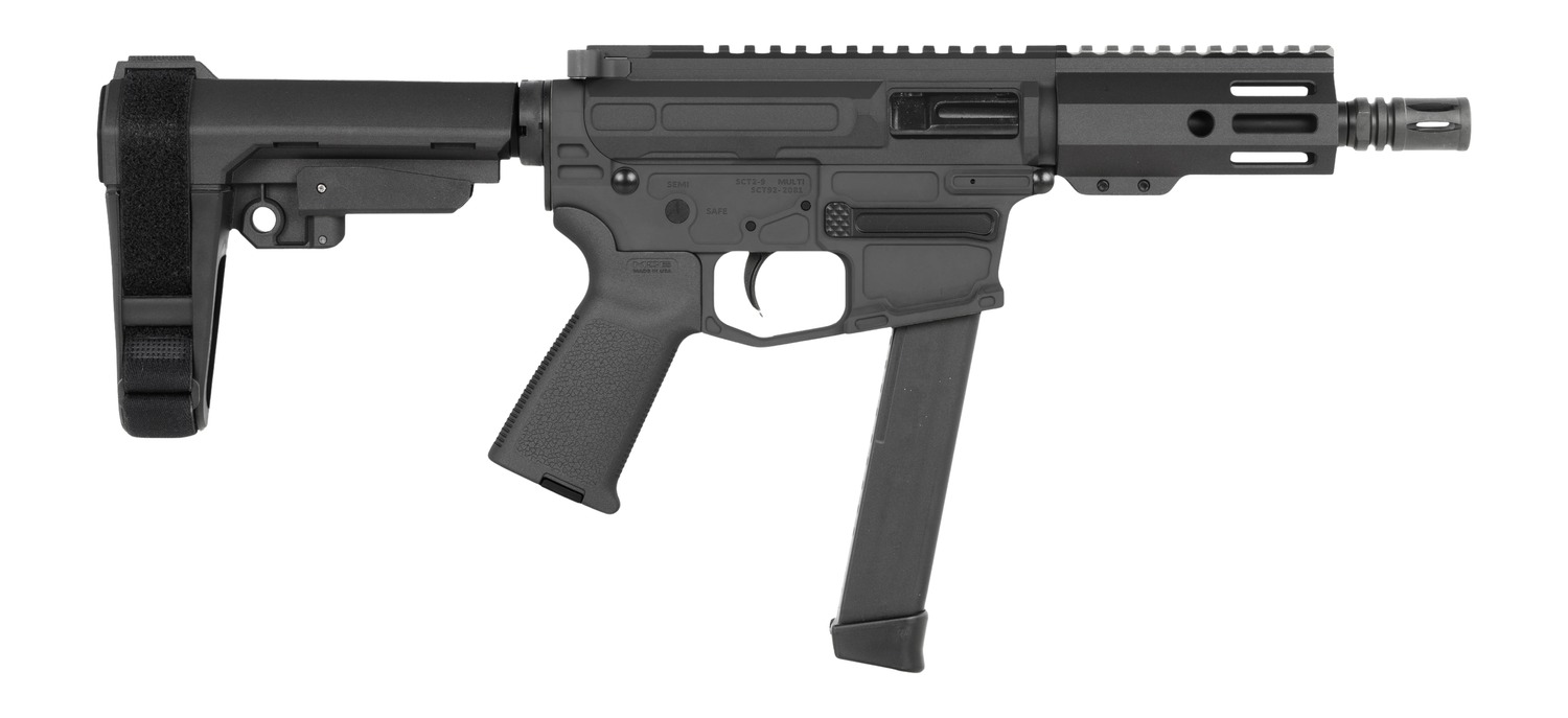Shark Coast Tactical SCC06766SP9NBLK Sneeky Pete 9mm Luger 30+1 5.50" Black Melonite Threaded Barrel, Black Cerakote Receiver, SB Tactical SBA3 Brace