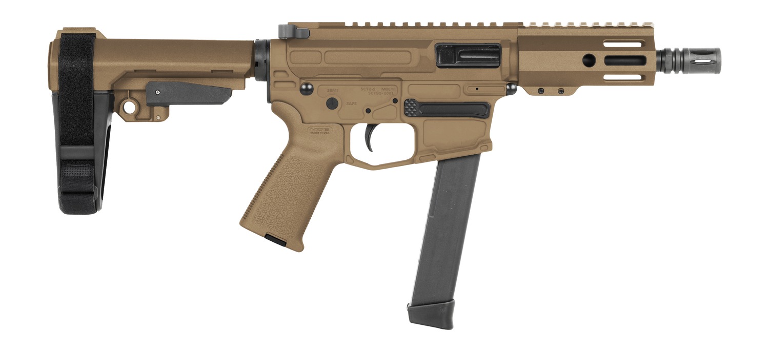 Shark Coast Tactical SCC06773SP9NTAN Sneeky Pete 9mm Luger 30+1 5.50" Black Melonite Threaded Barrel, Tan Cerakote Receiver, SB Tactical SBA3 Brace