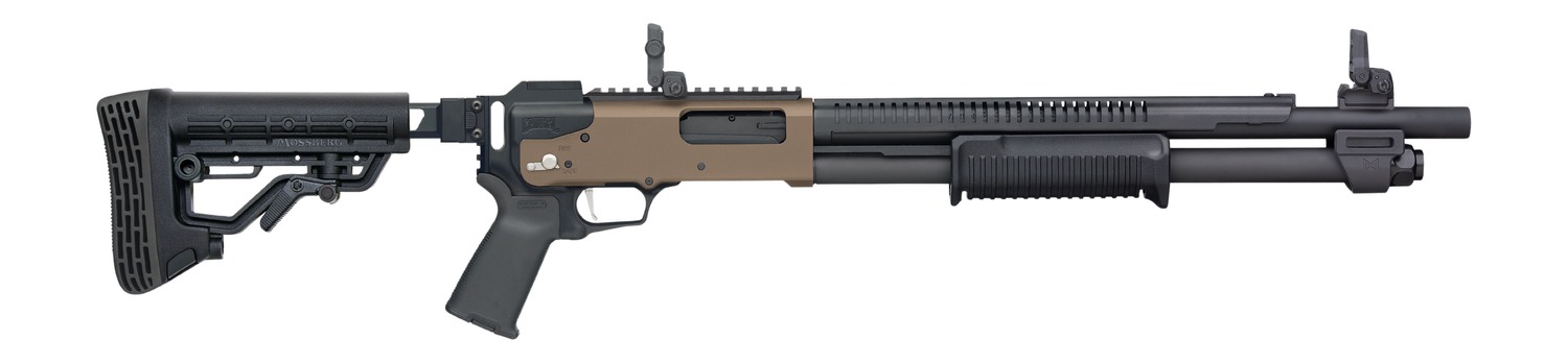 Mossberg 50233 590R  12 Gauge Pump 3" 6+1 18.50" Black Parkerized Integrated Heat Shield Barrel, Flat Dark Earth Cerakote Receiver w/Picatinny Rail, Black Chisel Folding Synthetic Stock, Black Magpul