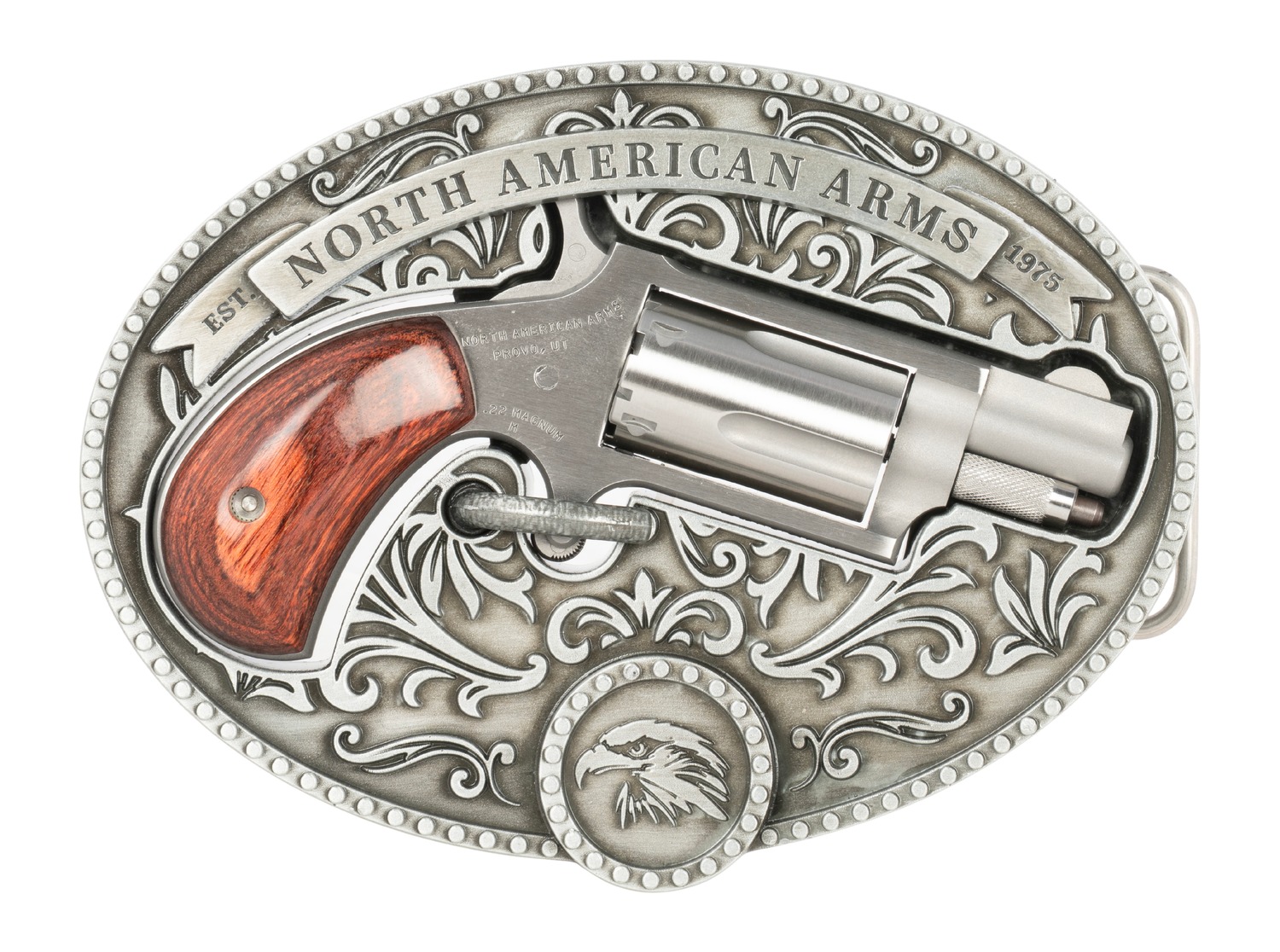 North American Arms Chuckwagon, Derringer, Single Action Only, Micro Compact, 22 WMR, 1.13 Barrel, Stainless Steel Finish, Rosewood Grips, Fixed Sights, 5 Rounds, Includes Belt Buckle Holster NAA-22MS-BBO