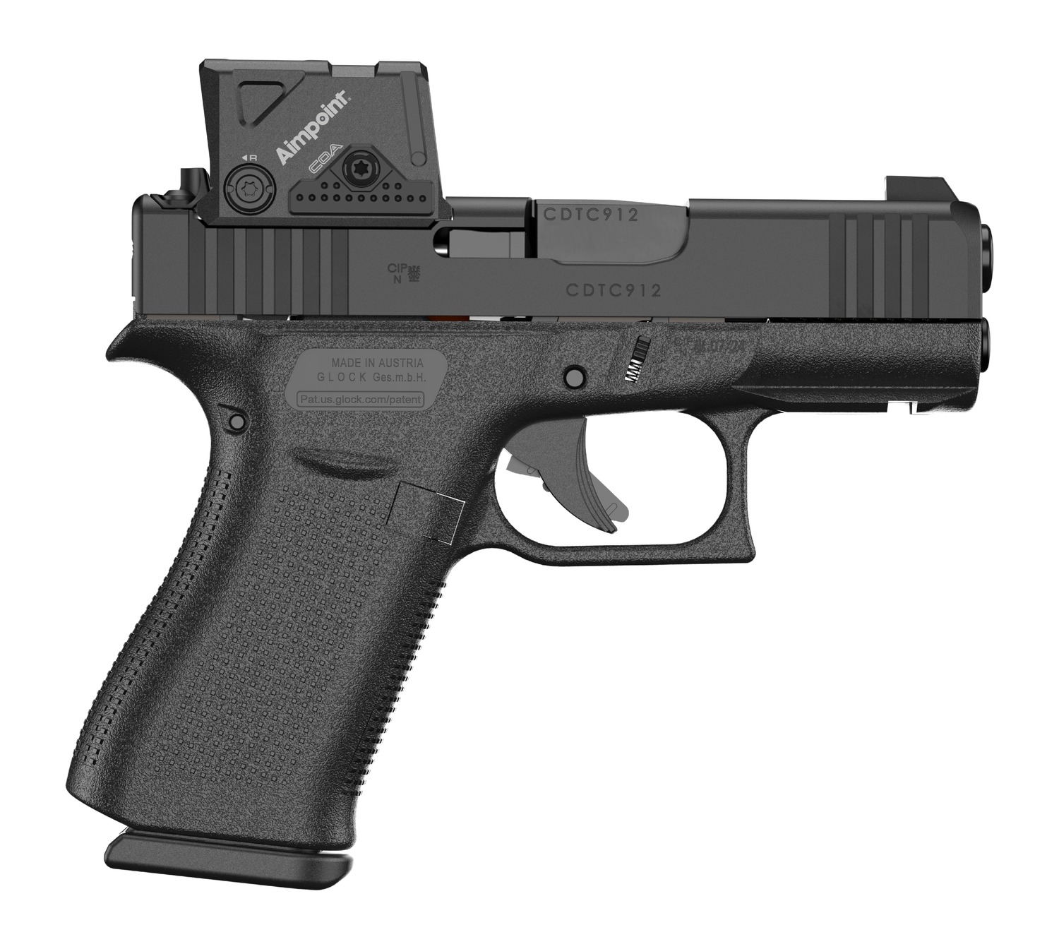 Glock UX4350B01FRMOS8A4 G43X MOS8 w/Aimpoint Slim Sub-Compact Frame 9mm Luger 10+1 3.41" Black GMB Barrel, Black Steel Serrated w/Optic Slide, Black Polymer Frame w/Accessory Rail, Aimpoint COA 3.5 MO