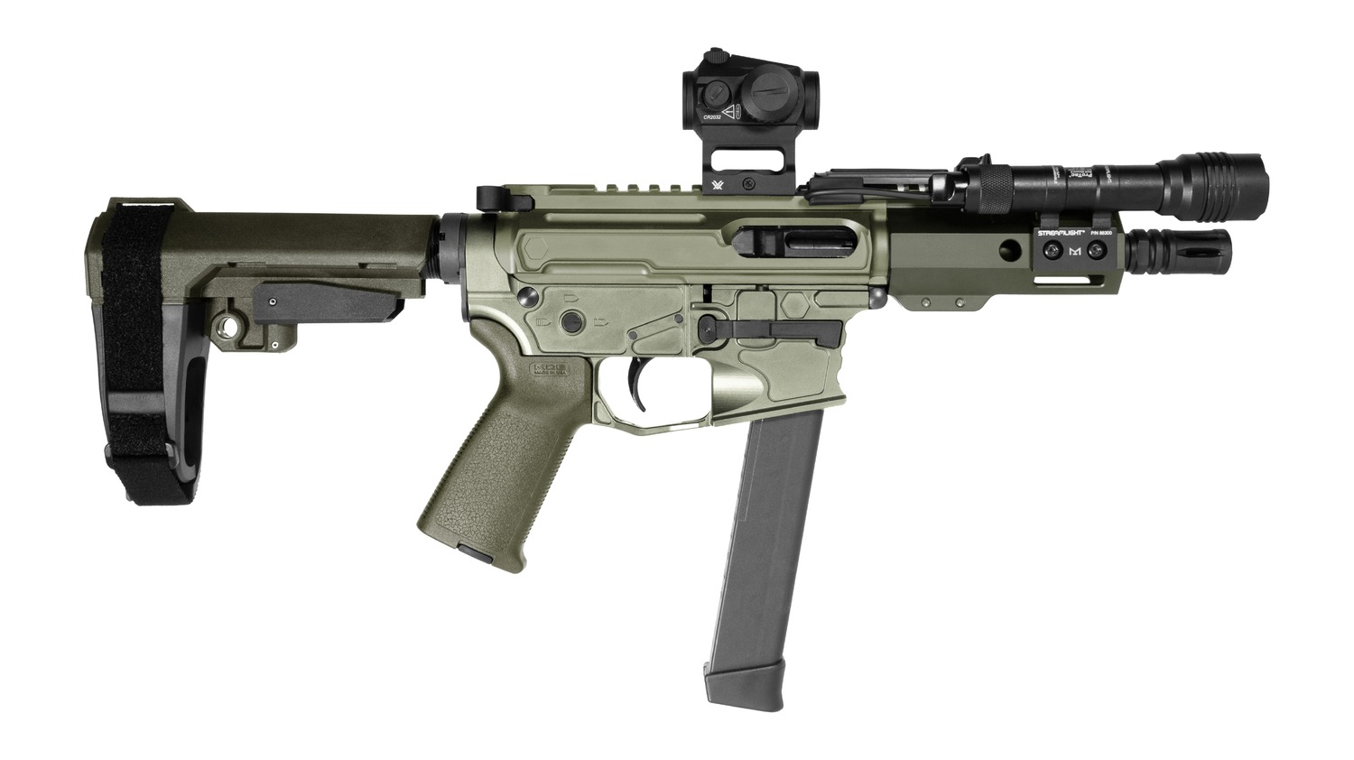 Shark Coast Tactical SCC05752GK9B Grassy Knoll Bundle 9mm Luger 30+1 5" Threaded Barrel, Aluminum Receiver w/Picatinny Rail, M-LOK Handguard, Polymer SB Tactical SBA3 Brace, Streamlight ProTac Rail Li