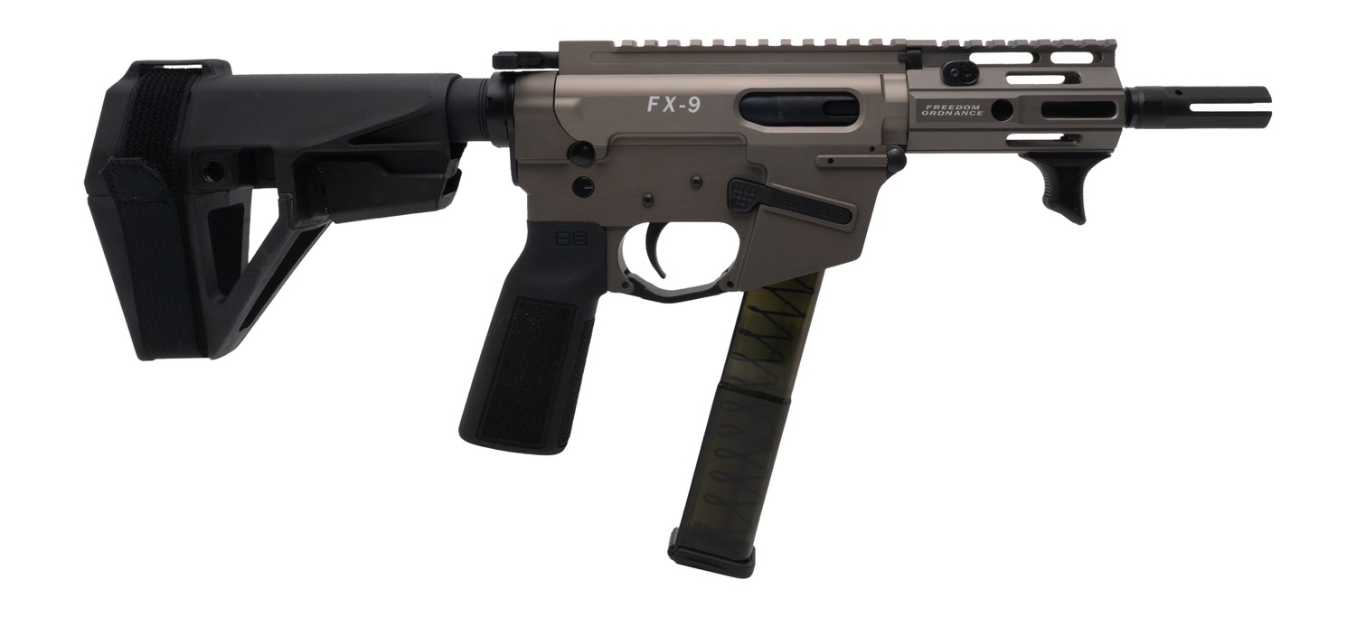 Freedom Ordance FX9P4E-FDE FX9P Elite 9mm Luger 4" Black Nitride Threaded Barrel, Flat Dark Earth Anodized Aluminum Receiver w/Picatinny Rail, M-LOK Handguard, Black Polymer SB Tactical SBA5 Brace, Bl