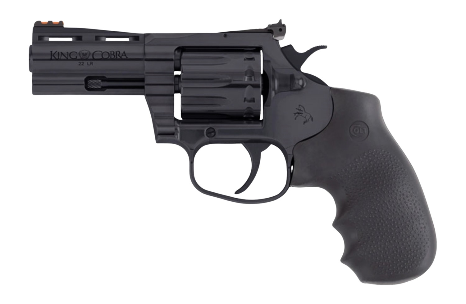 Colt Mfg KCOBRA22-BP3RFO King Cobra Target 22 LR 10rd Shot 3" Blued Vent Rib Barrel, Blued Carbon Steel Cylinder & Frame, Black Hogue Overmolded Grip, Exposed Hammer