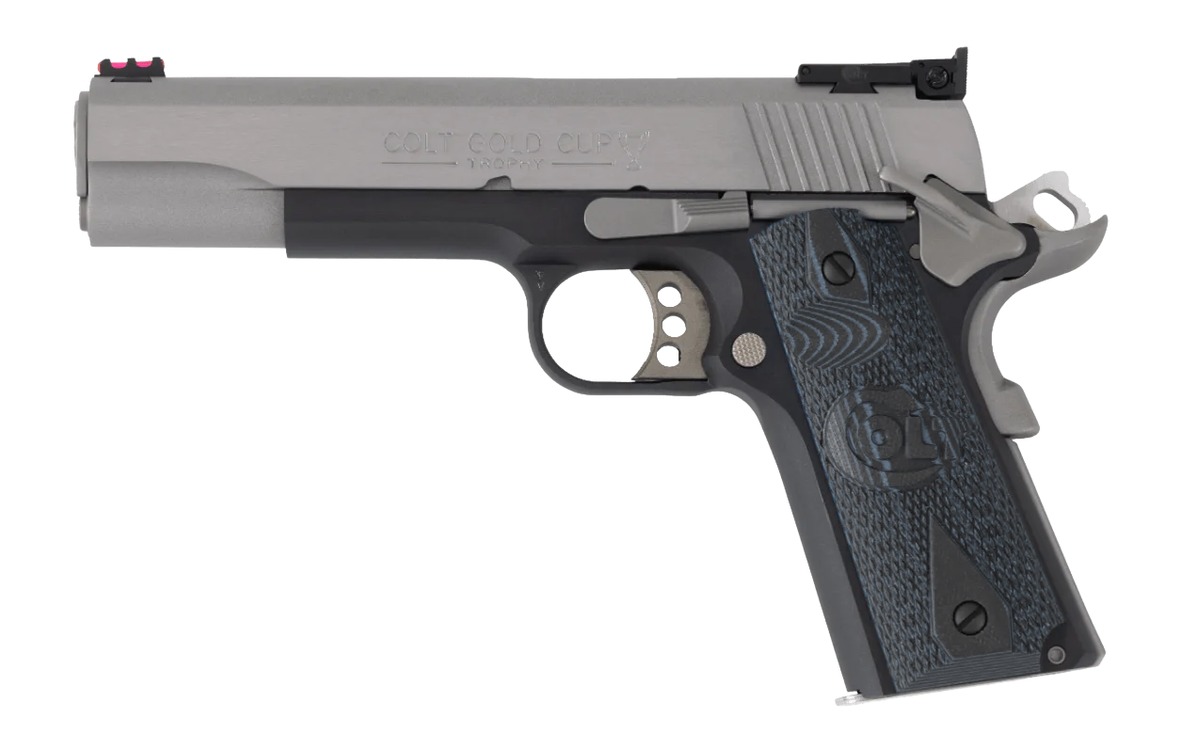 Colt Mfg O5973GCL-TT Gold Cup 38 Super 9+1 5" Stainless National Match Barrel, Brushed Stainless Steel Serrated Slide, Black/Stainless Steel Frame w/Beavertail, Blue Scalloped G10 Grip, Ambidextrous
