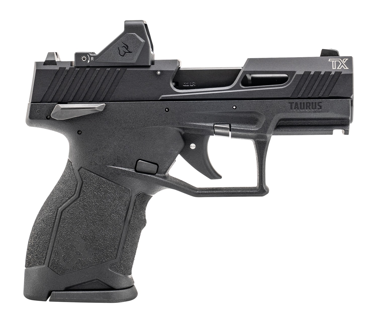 Taurus 1-TX22131-10RD TX22 w/Optic Compact 22 LR 10+1 3.60" Matte Black Barrel, Black Hard Coat Anodized Serrated w/Optic Slide, Black Polymer Frame w/Accessory Rail, Textured Grip, Viridian RFX-11 Gr