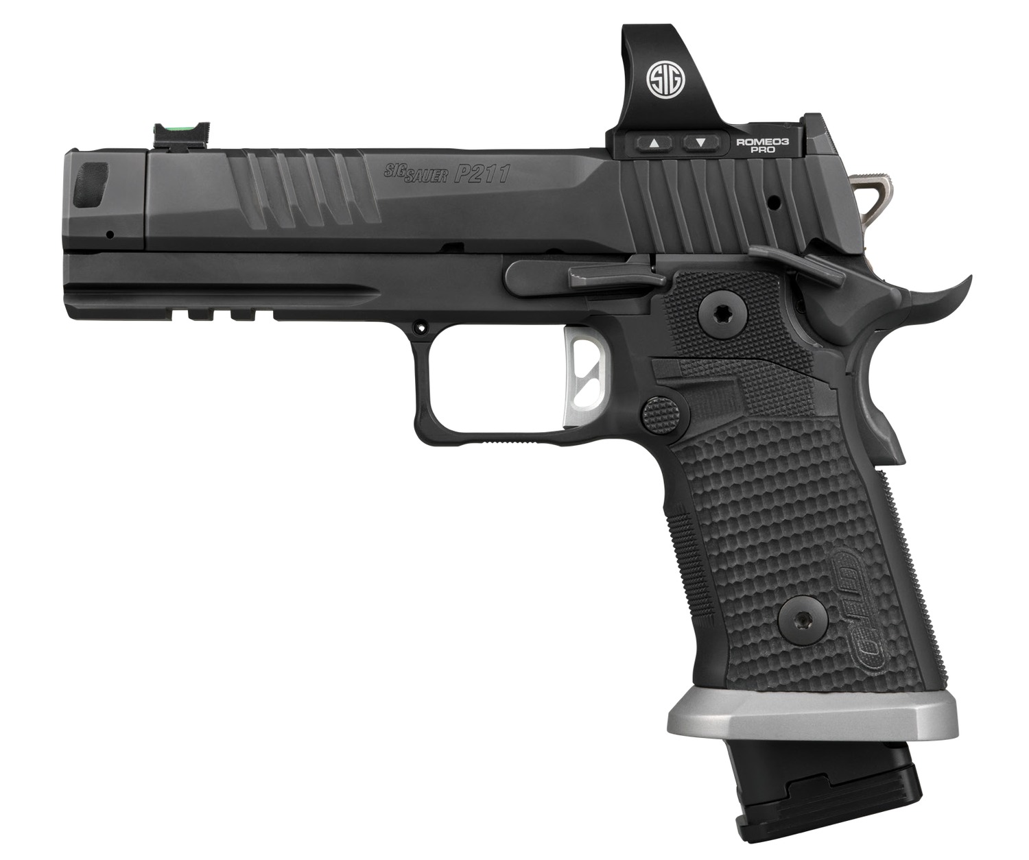 Sig Sauer  P211 GTO w/Optic 9mm Luger 23+1 4.40" Bull Barrel, Black Nitron Stainless Steel Serrated w/Optic Slide & Frame w/Beavertail & Picatinny Rail, Black G10 Grip, Sig ROMEO3 PRO Red Dot, Ambidex