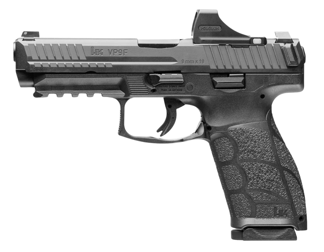 HK 81001496 VP9 A1 w/Optic Full Size 9mm Luger 10+1 4.53" Black Steel Polygonal Rifled Barrel & Serrated w/Optic Slide, Black Polymer Frame w/Picatinny Rail, Interchangeable Backstrap Grip, Holosun SC