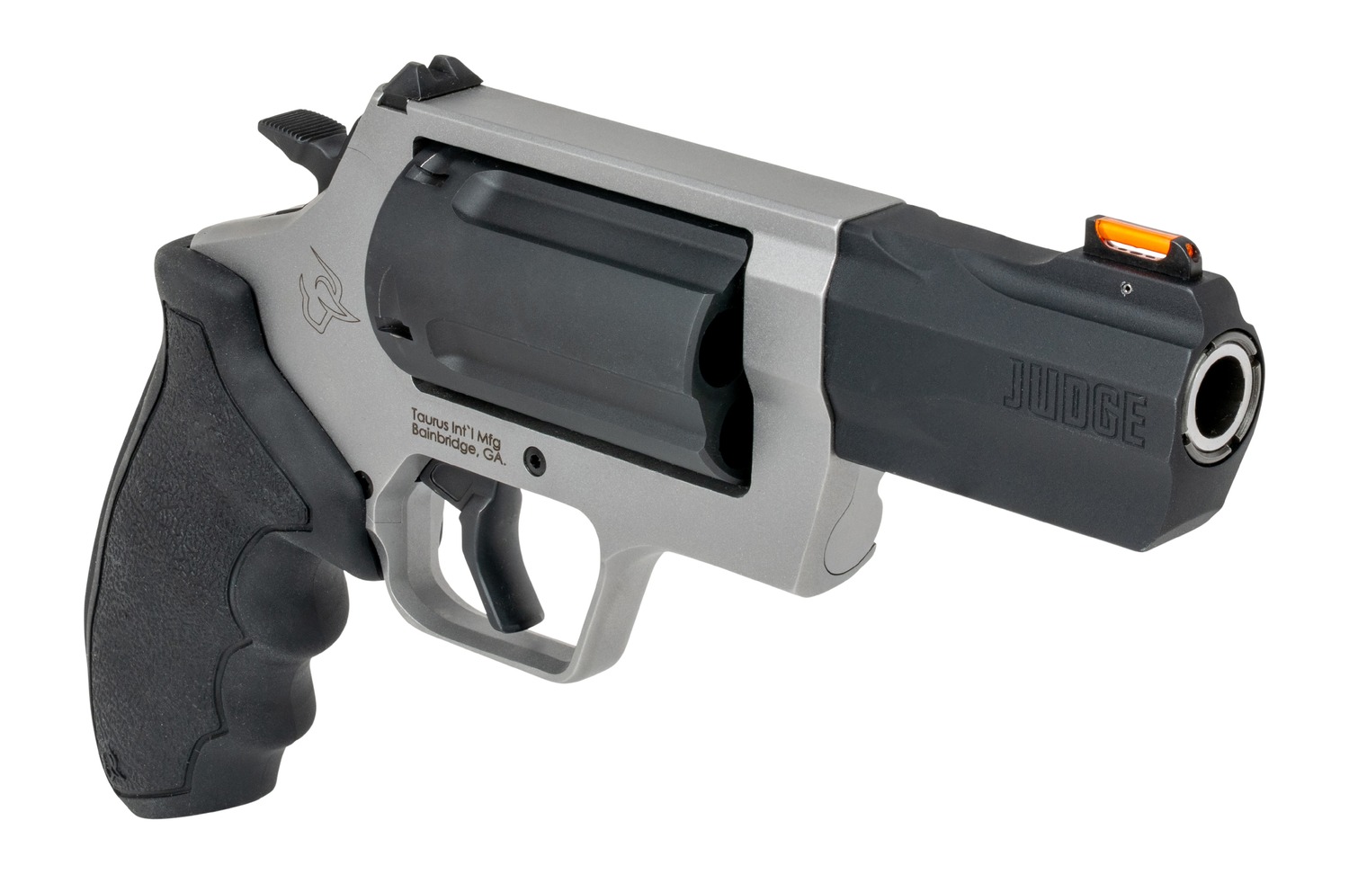 Taurus Judge Two Tone 45 Colt/410 3in 5rd — Superb Stainless Revolver 4 Taurus Judge Two Tone revolver in 45 Colt and 410, angled view showing the black barrel shroud, stainless frame and fiber optic front sight