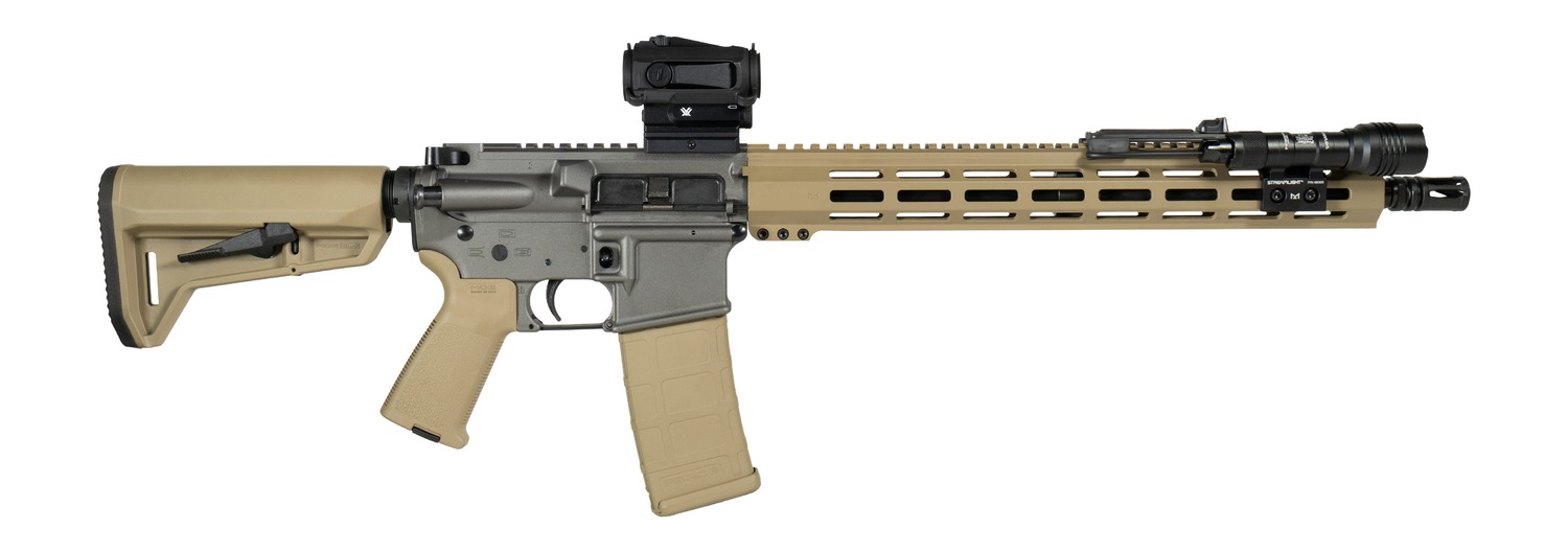 Shark Coast Tactical SCC04410TWB Tumbleweed Bundle 5.56 NATO 30+1 16" Black Nitride Threaded Barrel, Gray & Tan Cerakote Aluminum Receiver w/Picatinny Rail, M-LOK Handguard, Magpul Collapsible Tan Cer