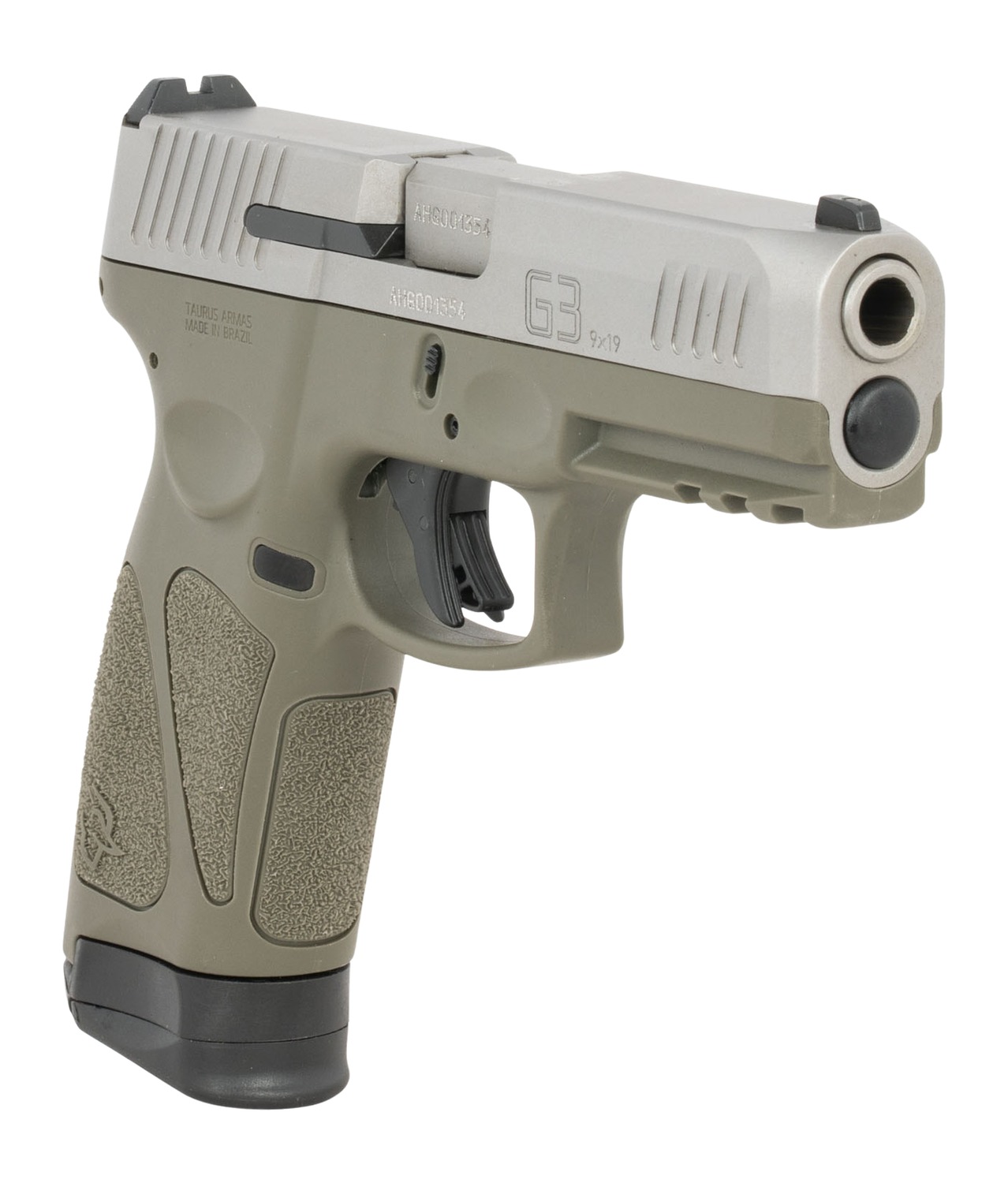 Taurus G3 OD Green 9mm Full Size 17+1 4in — Superb Value Pistol 3 Taurus G3 OD Green 9mm full size pistol, angled view showing the stainless slide over an OD Green Cerakote polymer frame