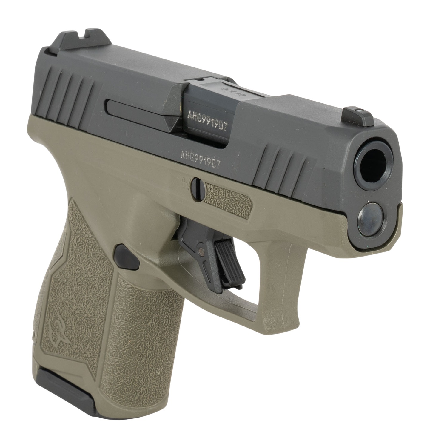 Taurus GX4 OD Green 9mm Micro-Compact 11+1 3.06in — Superb Carry Pistol 3 Taurus GX4 OD Green 9mm micro-compact pistol, angled view showing the black DLC slide over an OD green polymer frame