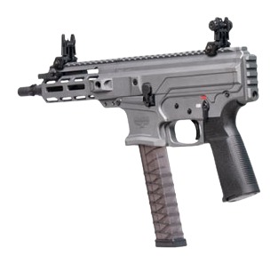 Panzer Arms ARP9 Tactical Gray 9mm 6.5 in. – Proven 33+1 Glock Mag Pistol 4 Panzer Arms ARP9 Tactical Gray 9mm pistol three quarter view showing the M-LOK handguard and flip up sights