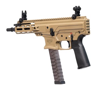 Panzer Arms ARP9 Coyote Tan 9mm 6.5 in. – Superb Complete 33+1 Pistol 4 Panzer Arms ARP9 Coyote Tan 9mm large format pistol three quarter view showing the tan receiver and M-LOK handguard