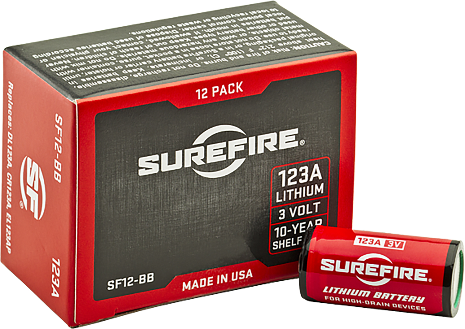 SureFire SF12BB 123A Batteries  Red/Black 3.0 Volts 1,550 mAh (12) Single Package Boxed SureFire SF12BB 123A Batteries  Red/Black 3.0 Volts 1,550 mAh (12) Single Package Boxed