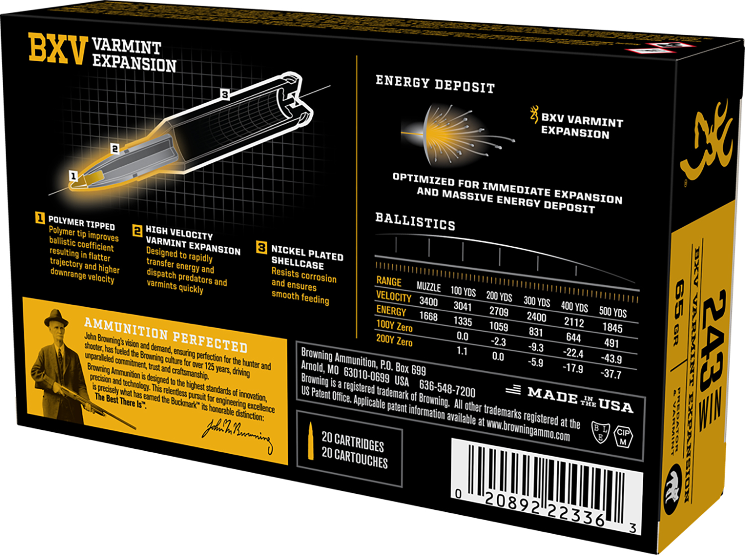 Browning BXV 243 Win 65gr – Explosive Varmint Expansion Polymer Tip Predator Ammo, 20 Rounds 3 Browning BXV 243 Win 65gr – Explosive Varmint Expansion Polymer Tip Predator Ammo, 20 Rounds - Image 3
