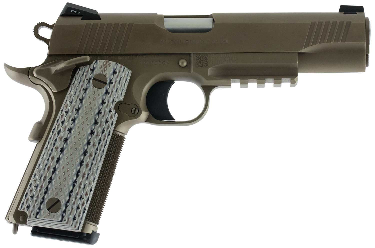 Colt Mfg O1070CQB Limited Edition Government 45 ACP 8+1, 5" Stainless National Match Barrel, Desert Sand Serrated Steel Slide & Frame w/Picatinny Rail, Scalloped Gray G10 Grip, Ambidextrous