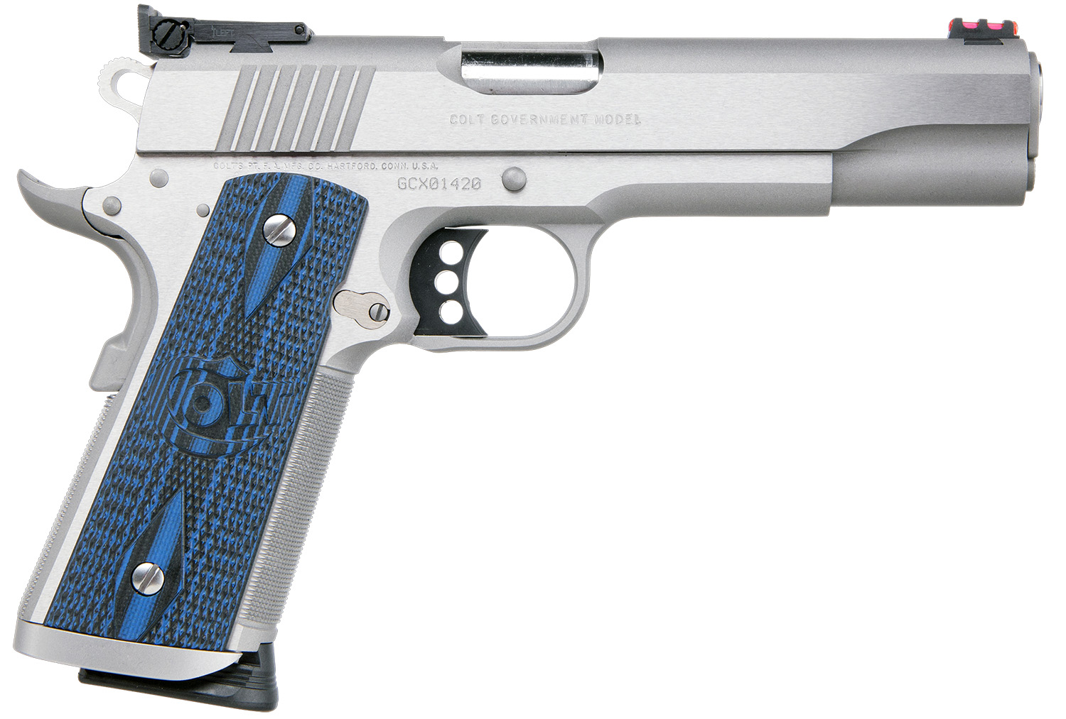 Colt Mfg O5072XE Gold Cup Trophy 9mm Luger 9+1 5" Steel Barrel,  Stainless Steel Serrated Slide & Frame w/Beavertail, Competition Blue G10 Grips, Ambidextrous