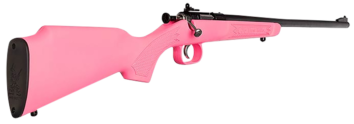 Keystone Crickett 22 LR Youth Single Shot 16.12 in. Pink - Superb Easy First Rifle 4 Keystone Crickett 22 LR youth single shot rifle, left side, showing the pink synthetic stock and blued barrel
