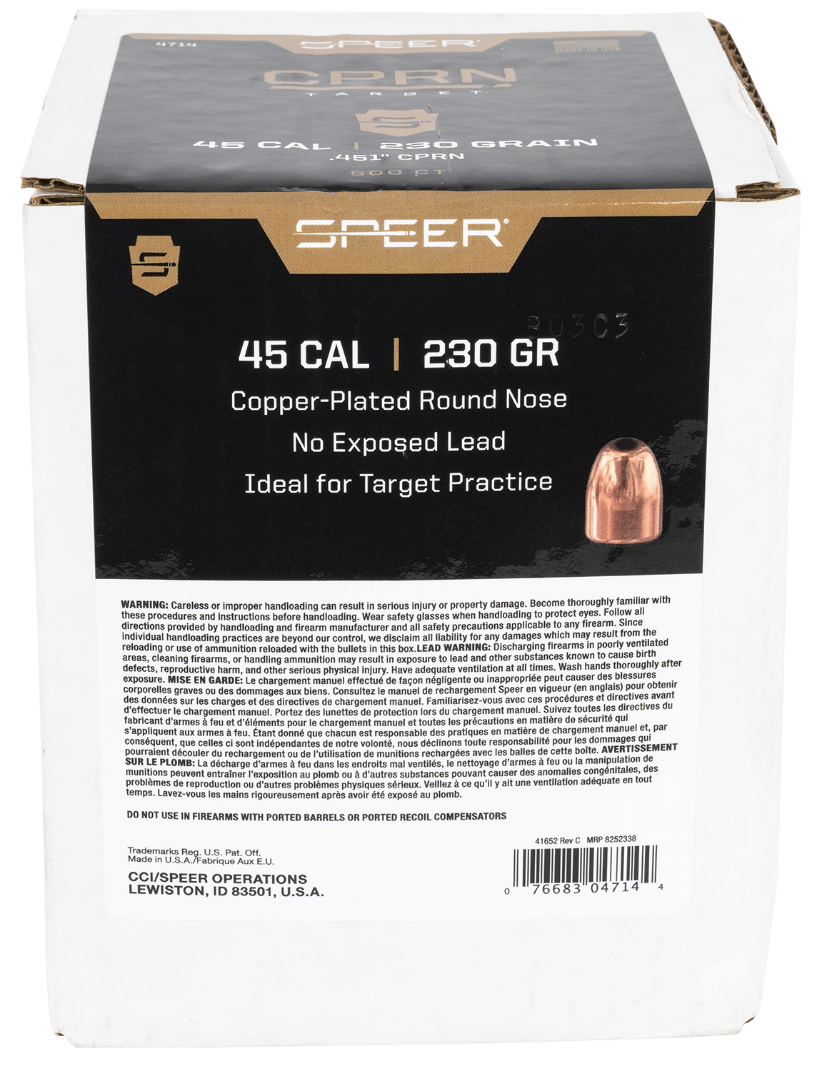 Speer 4714 Handgun 45Cal 230gr Round Nose 500 Per Box/3 Case