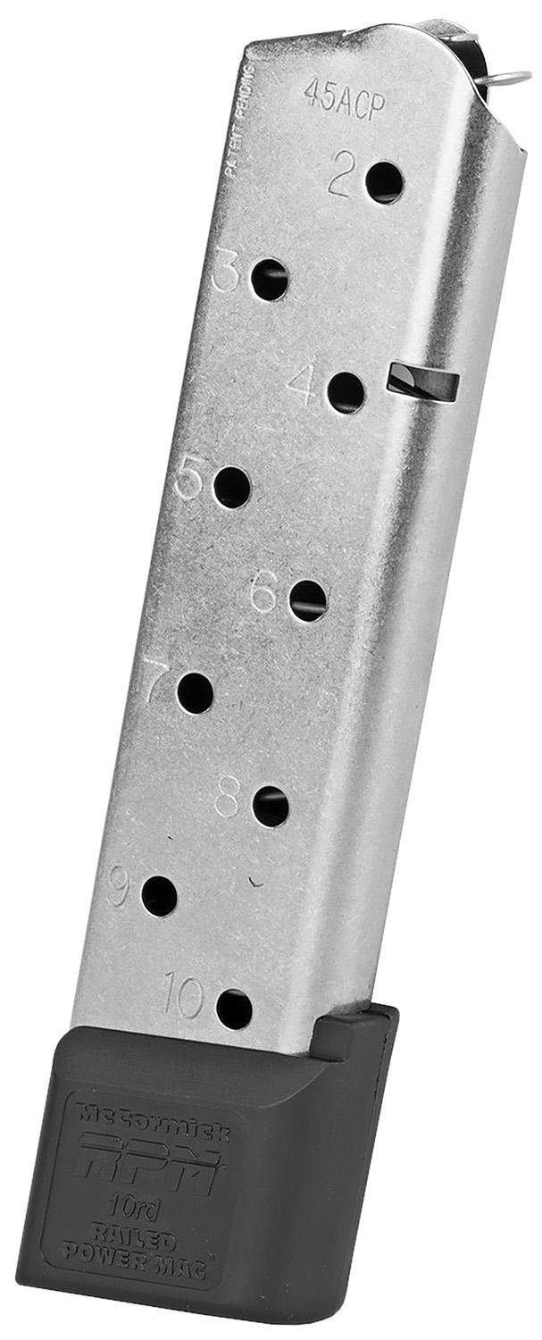 CMC Products 17150 Power Mag Railed 10rd 45 ACP Fits 1911 Government Stainless Steel w/ Black Base Pad