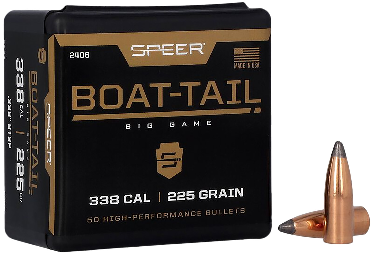 Speer 2406 .338 225gr Boat-Tail Spitzer Soft Point Bullets 50ct