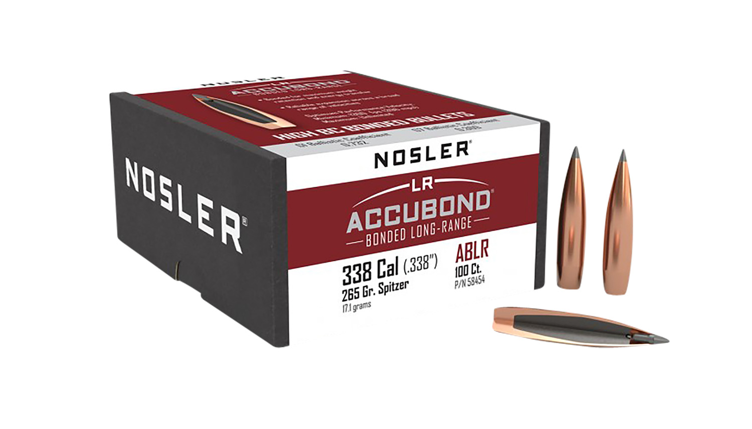 Nosler 58454 AccuBond Long Range 338 Cal .338 265 gr Spitzer Point Boat-Tail 100 Per Box - Nosler - 338 Caliber