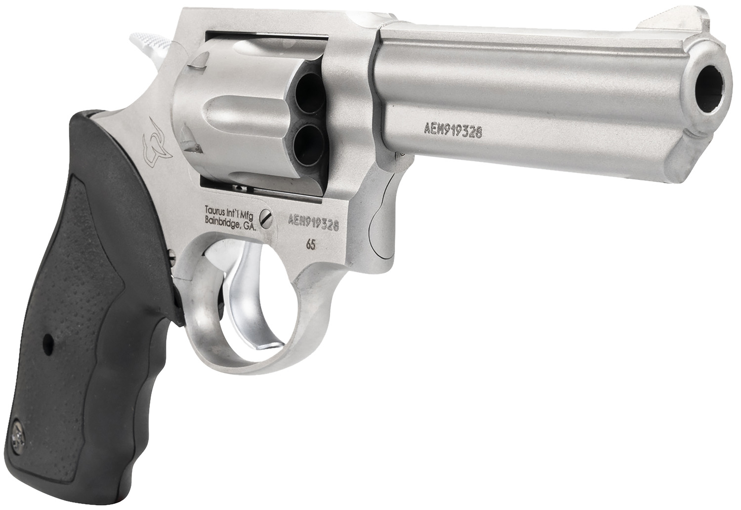 Taurus Model 65 357 Magnum revolver in matte stainless, angled view showing the 4-inch barrel, six-shot cylinder and rubber grip