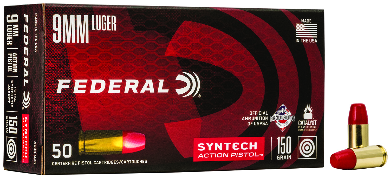 Federal AE9SJAP1 American Eagle Syntech Action Pistol  9mmLuger 150gr Total Syntech Jacket Flat Nose 50 Per Box/10 Case