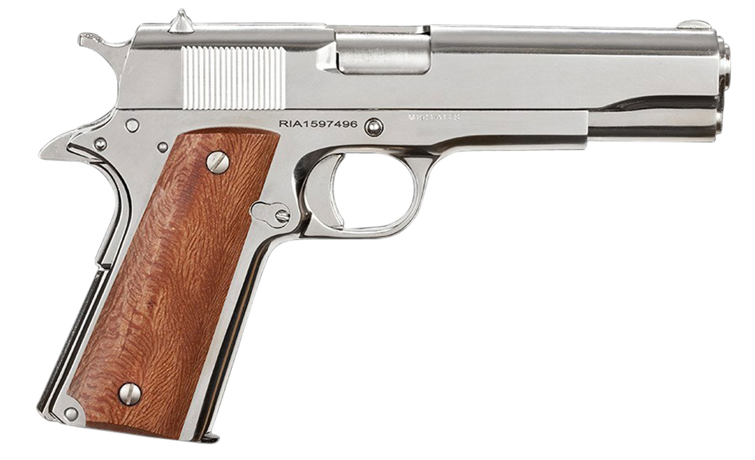 Rock Island 51814 GI Standard FS *CA Compliant 38 Super Caliber with 5" Barrel, 10+1 Capacity, Overall Polished Nickel Finish Steel, Beavertail Frame, Serrated Slide & Wood Grip