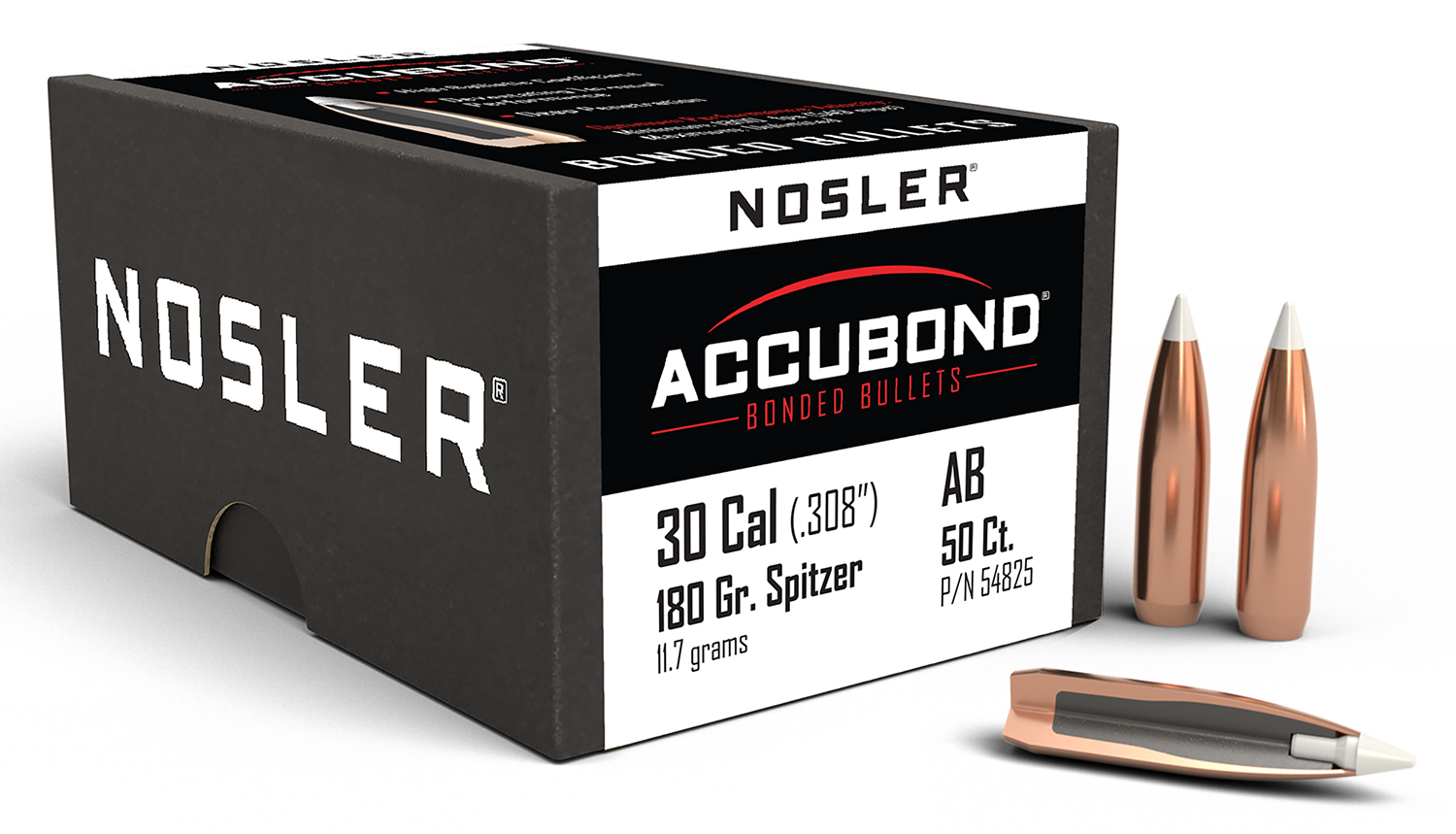 Nosler 54825 AccuBond Hunting 30 Cal .308 180 gr Spitzer Point 50 Per Box - Nosler - 30 Caliber