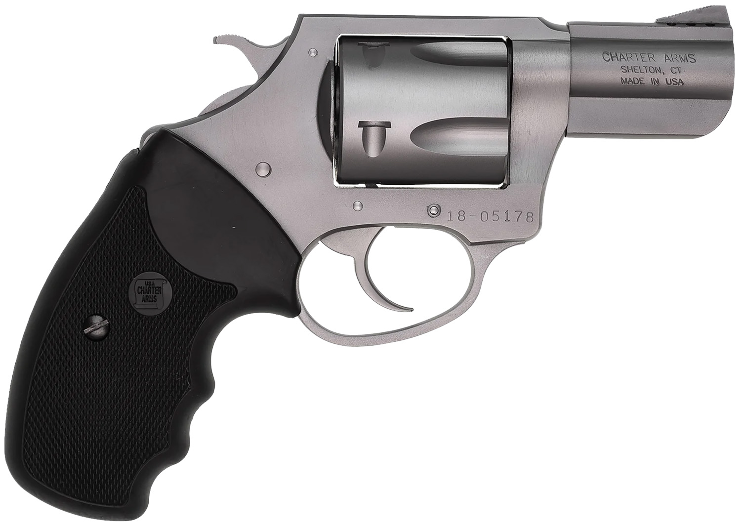 Charter Arms 73520 Mag Pug  Large 357 Mag, 5 Shot 2.20 Matte Stainless Steel Ported Barrel, Matte Stainless Steel Cylinder & Frame w/Black Finger Grooved Rubber Grip