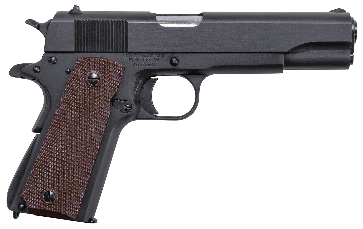 Auto-Ordnance 1911BKO9 1911 A1 GI Spec 9mm Luger 9+1, 5 Stainless Steel Barrel, Matte Black Serrated Carbon Steel Slide & Frame w/Beavertail, Brown Checkered Polymer Grip