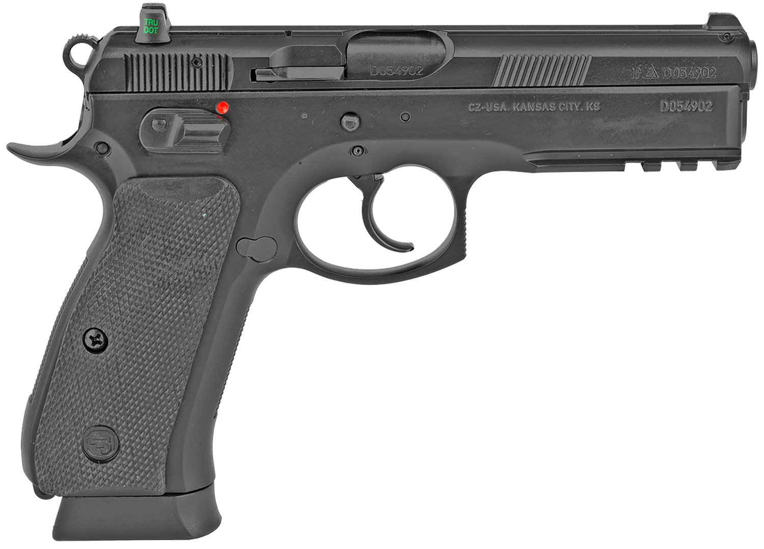 CZ-USA 01152 CZ 75 SP-01 Full Size Frame 9mm Luger 10+1 4.60 Black Steel Barrel, Black Serrated Steel Slide, Black Polycoat Steel Frame w/Beavertail & Picatinny Rail, Black Rubber Grip