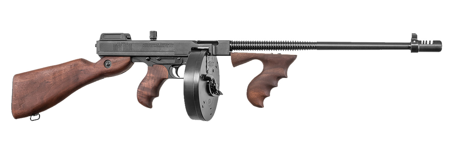 Thompson T150D 1927A-1 Deluxe 45 ACP Caliber with 16.50" Barrel, 20+1 Capacity (Stick), 50+1 Capacity (Drum), Blued Metal Finish, American Walnut Stock Wood Grip Right Hand