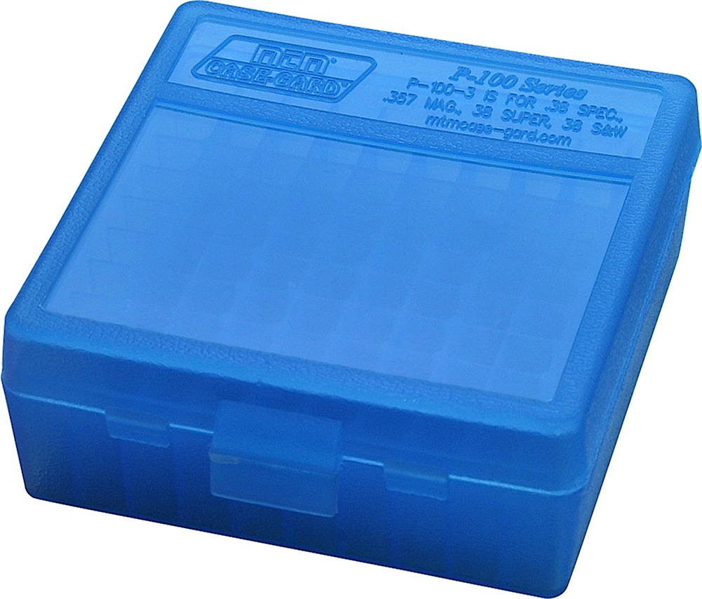 MTM Case-Gard P-100 Flip Top Handgun Ammo Box 100 Rounds Clear Blue
