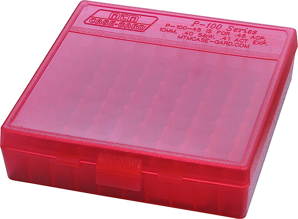 MTM Case-Gard P-100 Handgun Ammo Box 9mm/.380 ACP/.30/.32 S&W/9mm Makarov 100 Rounds Clear Red P-100-9-29