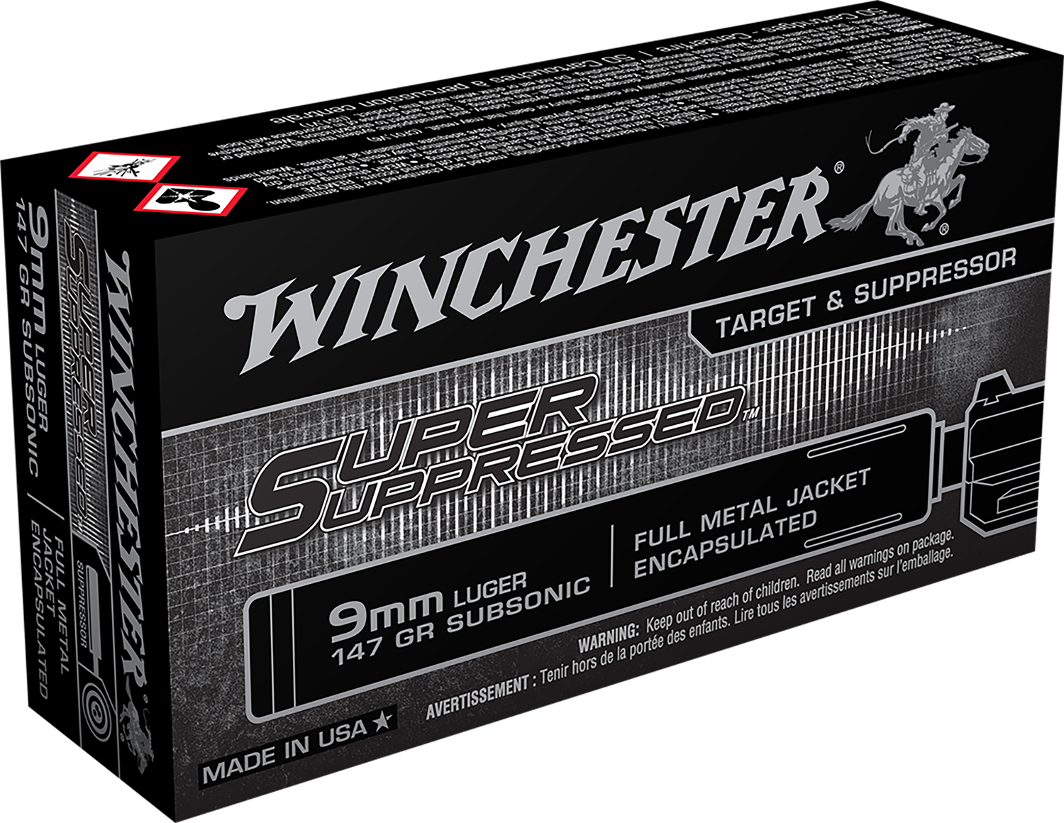 Winchester Ammo SUP9 Super Suppressed Target 9mm Luger Subsonic 147 gr Encapsulated Full Metal Jacket 50 Per Box/ 10 Cs - Winchester - 9 mm Luger
