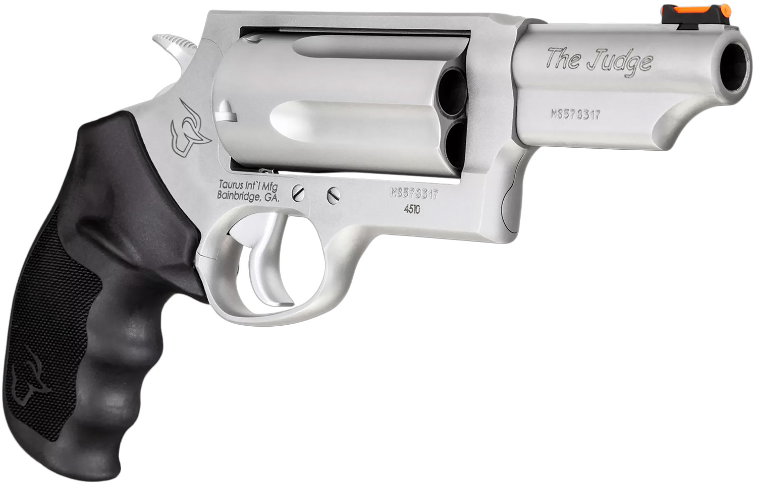 Taurus Judge Magnum 45 Colt/410 3in 5rd Stainless — Superb Revolver 4 Taurus Judge Magnum stainless revolver in 45 Colt and 3-inch 410, angled view showing the long cylinder, 3-inch barrel and fiber optic front sight
