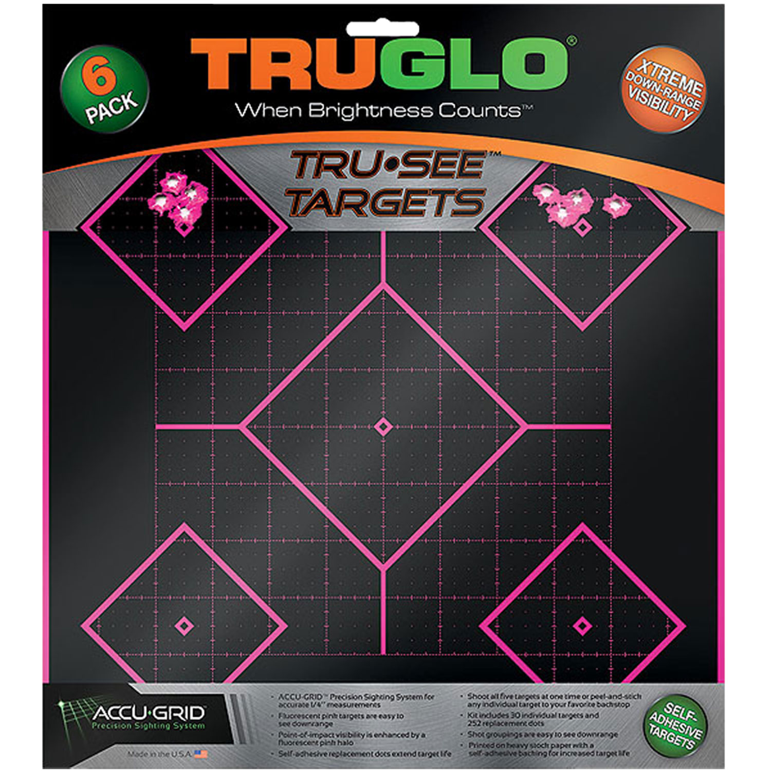 TruGlo TG14P6 Tru-See 5- Diamond Target Self-Adhesive Heavy Paper Black/Pink 12x12 6 Pack