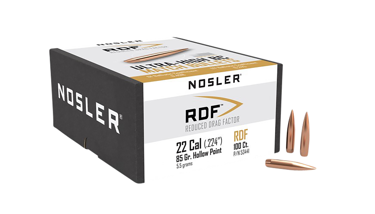 Nosler RDF .22 Caliber .224 85gr Hollow Point Boat Tail Rifle Bullets, 100 Count Box